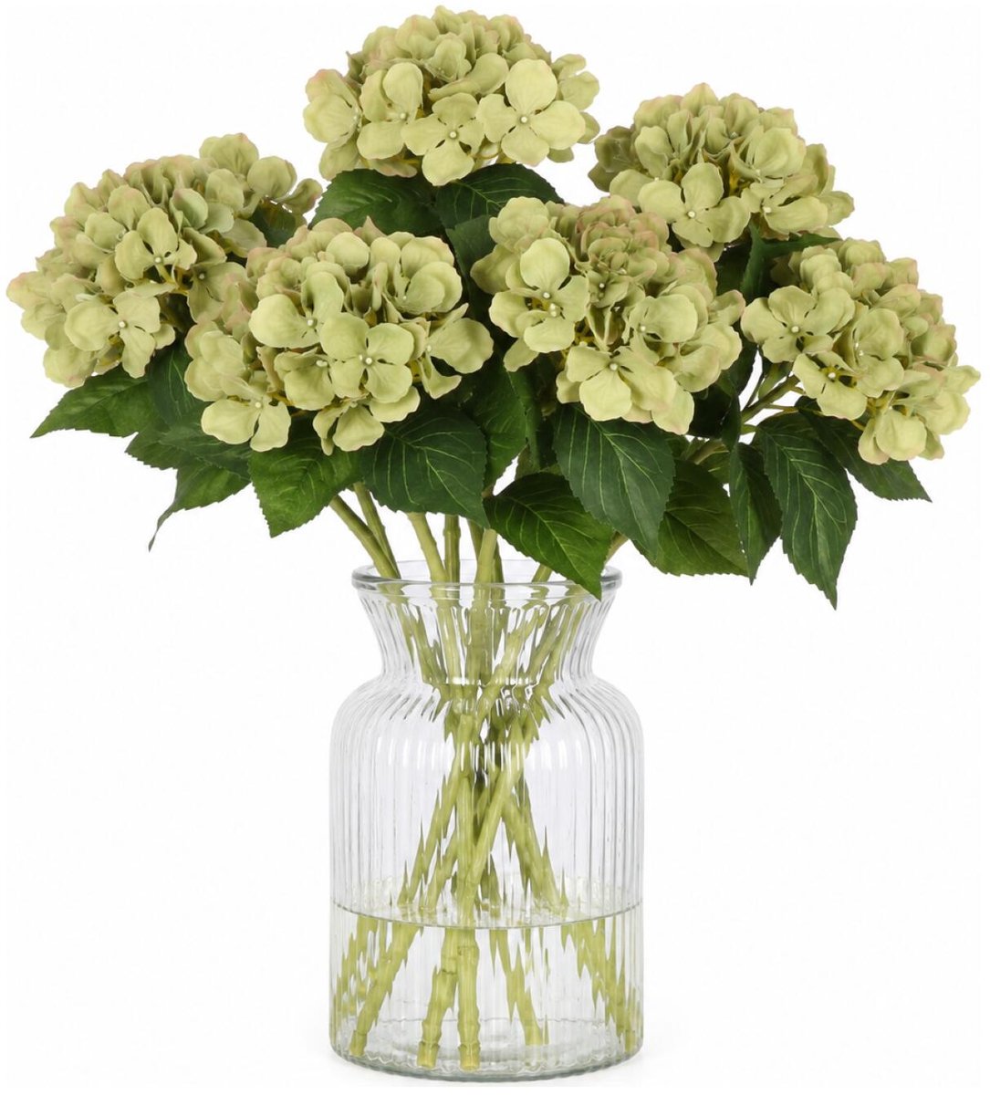 Bellatio Design Kunstbloem Hortensia tak - 6x - groen - 48 cm - losse steel - Kunst zijdebloemen - hydrangea