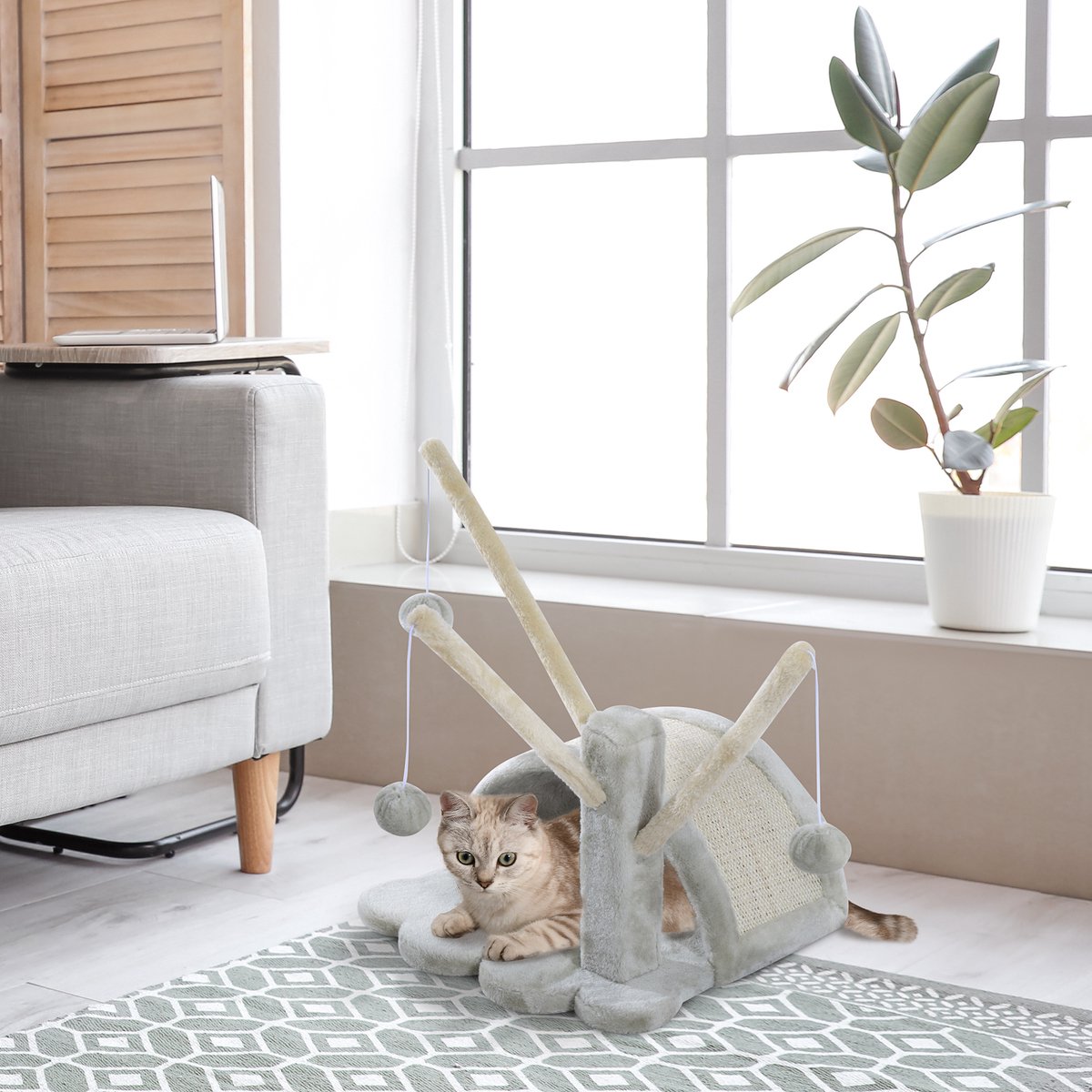 Kattenboom, 40 cm: kleine kattenboom met grot, 2 speelballen, krabmat, krabpaal, klimboom, voor kleine en grote katten, lichtgrijs – foto 3