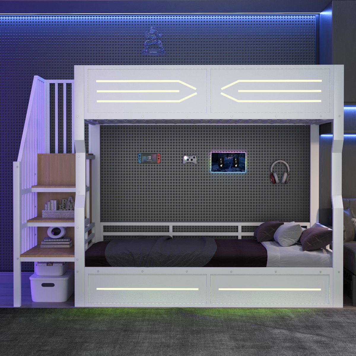 Merax Stapelbed 90x200 cm met LED-verlichting - kastontwerp met opbergruimte en klein trapje - hoge veiligheidsrails - wit - zonder matras