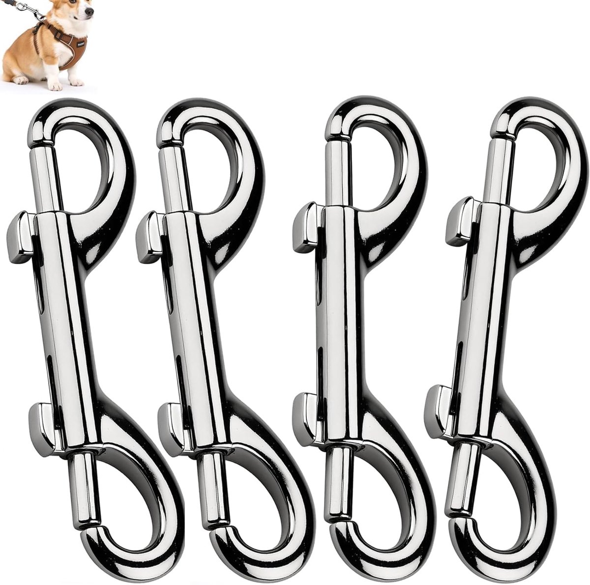4-Pack dubbele karabijnhaak, 88mm zinklegering karabijnhaak met zilveren vernikkeling, veilig slot voor riemen, hondenriemen, sleutelhangers, rugzakken, outdoor uitrusting & touwverbindingen