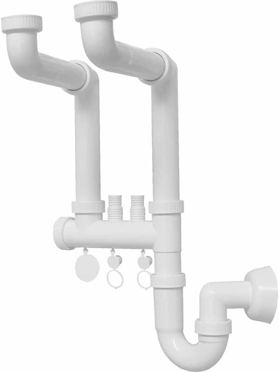 4395027 | Zelfreinigende universele sifon met 2 wegen, 1 1/2 voor spoelbak van roestvrij staal met dubbele aansluiting voor wasmachine/droger, buisuitgang Ø 40 mm, ideaal voor installaties