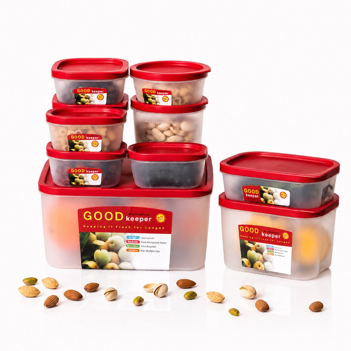 REFTTENW 10-Delige Voedselbewaarset (3X175 Ml, 2X220 Ml, 1X500 Ml, 1X450 Ml, 1X400 Ml, 1X800 Ml, 1X3700 Ml) - Stapelbaar - Bpa Vrij - Luchtdicht - Kunststof Bewaarbakjes - Snackbox Transparant Met Rode Deksels