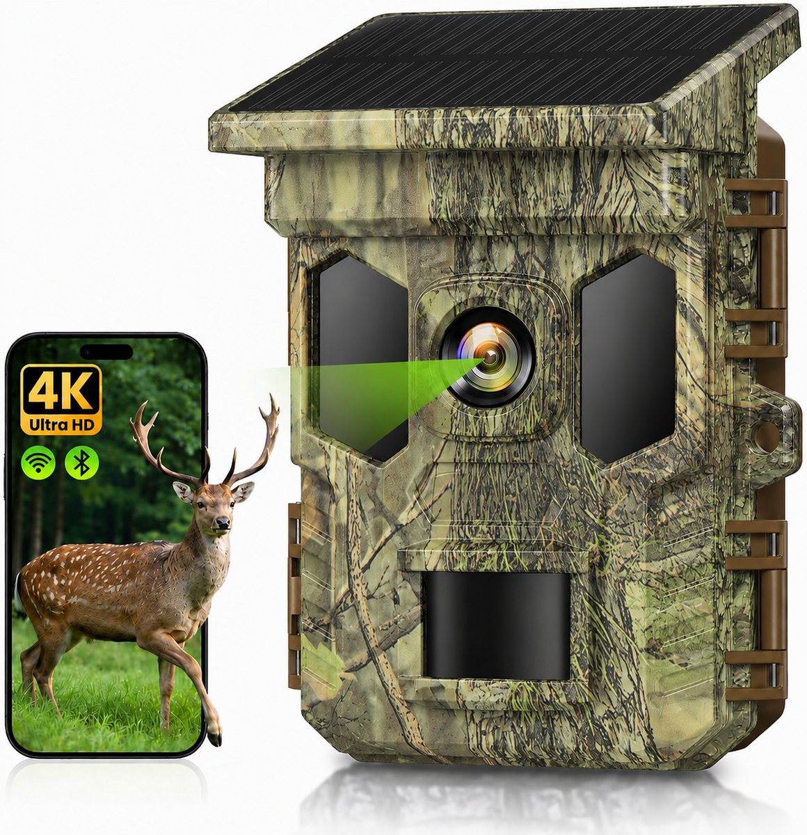 Namajunas – Wildcamera – 4K 64MP met zonnepaneel – oplaadbare accu + AA-back-up – 0,2s trigger, 20m nachtzicht – WiFi+Bluetooth – IP66 waterdicht - voor het spotten van wilde dieren