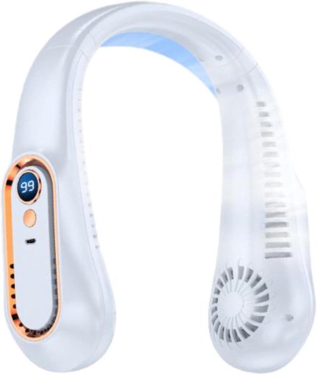 Nekventilator – Bladloze Ventilator – 5 Snelheden – LED-Display – USB Oplaadbaar – Handsfree Ventilator voor Reizen, Wandelen, Sport & Kantoor – Voor Dames & Heren – Wit – 1 Stuk