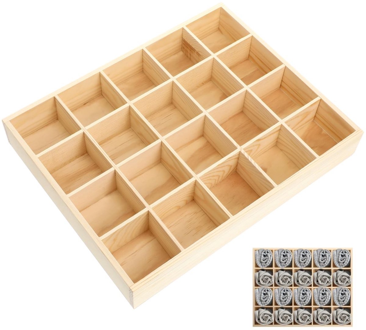 Dailygoods- Opbergdoos 20 Compartimenten - Houten Organizer - Sokken/ondergoed - Vitrine Display Box - Tafelbladdoos - Perfecte Huisdecoratie - Opbergkoffer