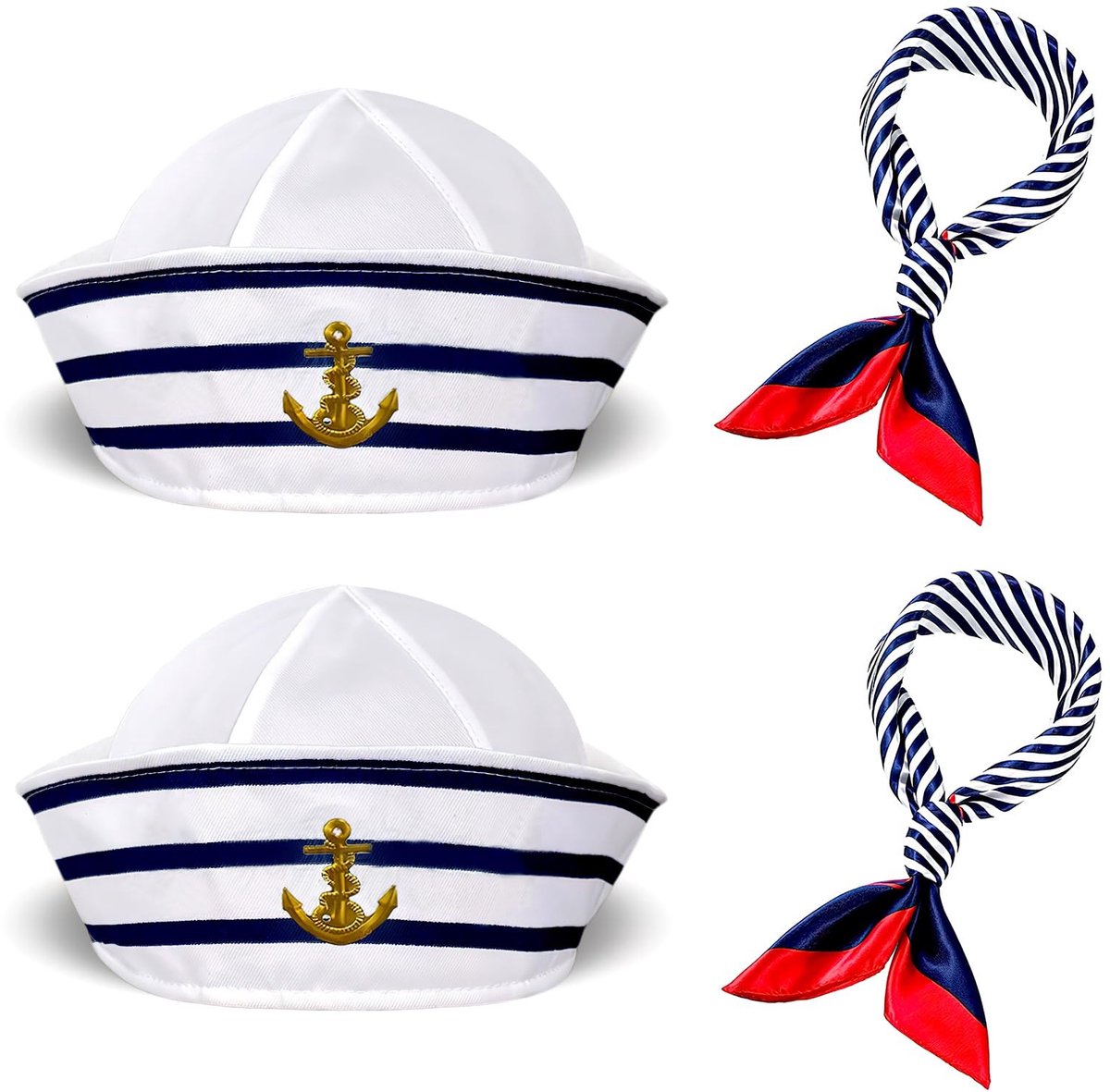 Dailygoods- Matrozenkostuum met 2 Sets - Matrozenmuts/Sjaal Set - Marine Outfit - Eenheidsmaat - Blauw-Wit Gestreept/Rode Rand - Aandachtstrekker voor Feest - Zeemanskostuum