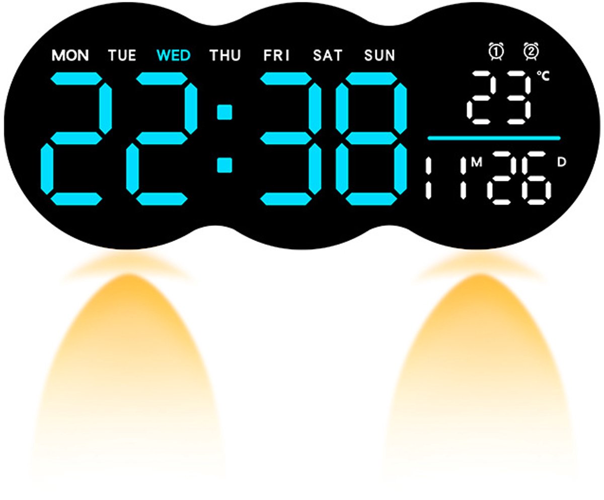 VHV-Digitale Wandklok met Temperatuur en Datum - Multifunctionele Klok met Timer en Afstandsbediening - Wandklok met Sfeerverlichting en Dubbel Alarm - Modern Design voor Huis en Kantoor