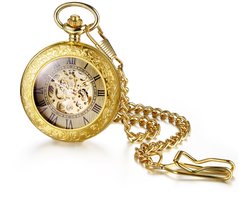 JewelryWe Zakhorloge automatisch mechanisch heren retro Romeinse cijfers steampunk skelet horloge met ketting, Gesneden bloemenpatroon - goud, vintage