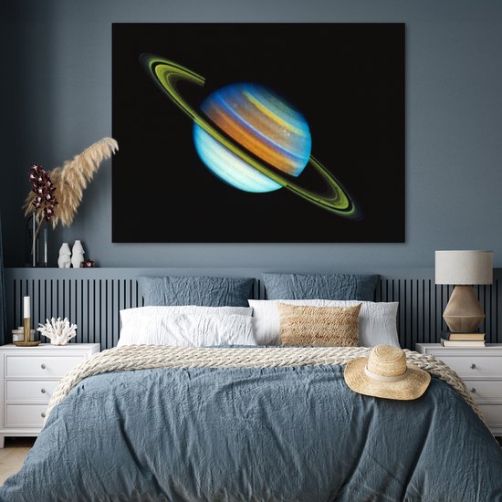 Affiche de Saturne aux teintes bleues, oranges et jaunes avec des anneaux sur fond noir.
