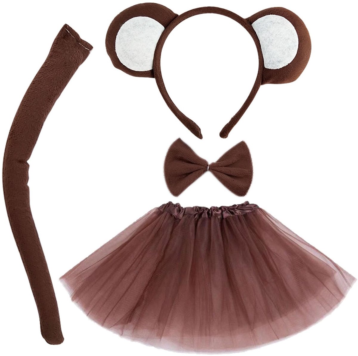 Dailygoods- Aap Kostuum Dieren Kostuum Set - 4 Stuks - Hoofdband met Apenoren - Tutu Rok - Apenstaart - Geschikt voor Volwassenen en Kinderen - Dierenkostuum