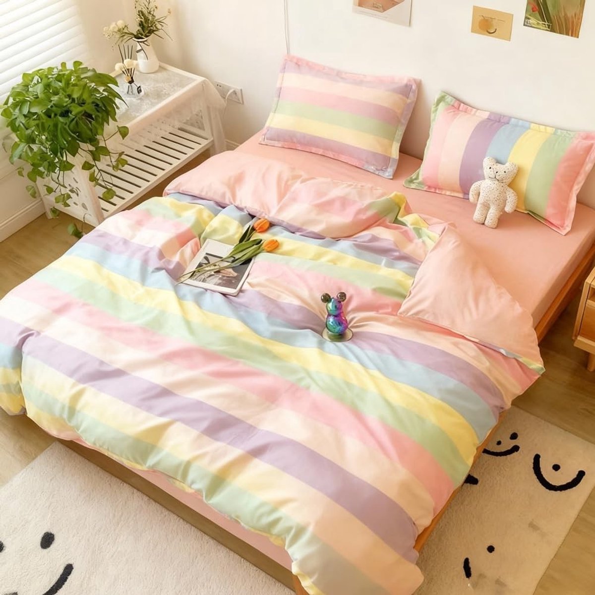 Dailygoods - Meisjesbeddengoed, 135 x 200 cm, kleurrijk, regenboogstrepen, kinderbeddengoed, dekbedovertrek met ritssluiting en kussensloop 80 x 80 cm