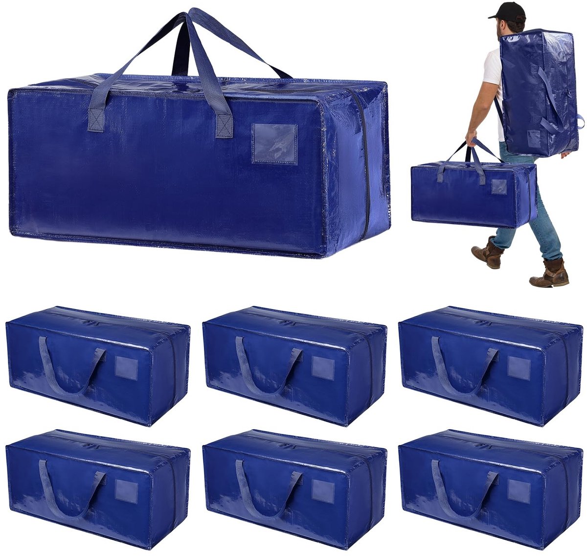 Dailygoods - Dokeno 6 stuks 92L opbergtas, grote verhuisdozen met rugdragerijmen, waterdichte opbergtas met ritsen, heavy-duty verhuisdozen voor verhuizen, opbergen en kamperen, blauw