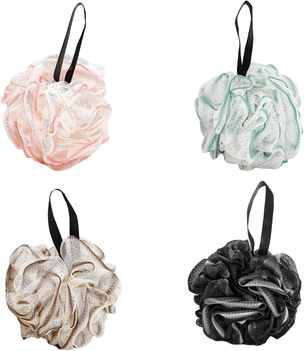 Set van 4 douchesponsjes, zachte mesh schuimende badspons, lichaamsspeeling, voor reiniging en massage, duurzame spons met haak (meerkleurig)
