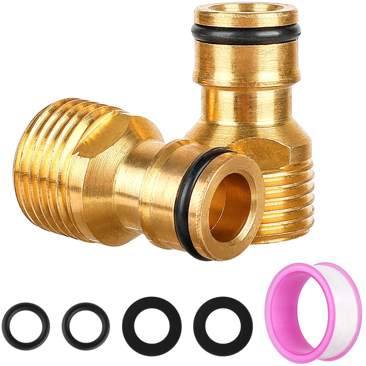 Dailygoods - 2 stuks messing slangverbinders, 1/2 inch kraanadapterset met slangaansluiting, waterkraan, afdichting, "O"-ringen en waterdichte band voor keuken, tuinslang, waterkraan