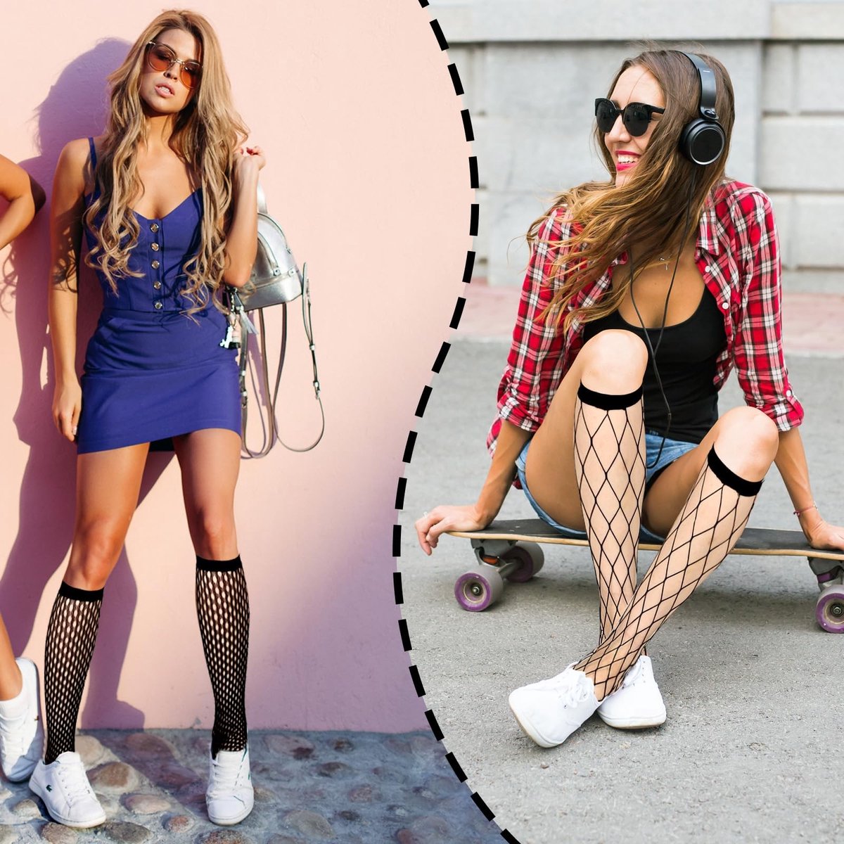 Dailygoods- Visnetkousen 4 Paar - Zwarte Knielaarzen - Dames Kousen - Kanten Sokken - Geschikt voor Feestdagen - Nylon Materiaal