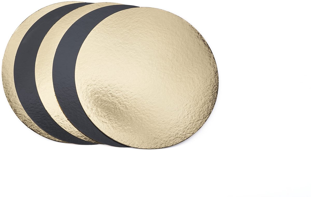 Taartstandaard/cateraar/decoratie rond karton goud en zwart (20 cm)