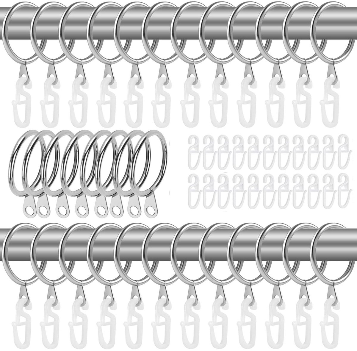 50 stuks gordijnringen, set, ophangringen en 50 gordijnhaken, metalen gordijnringen voor douchegordijnen van raamdeuren, binnendiameter 30 mm