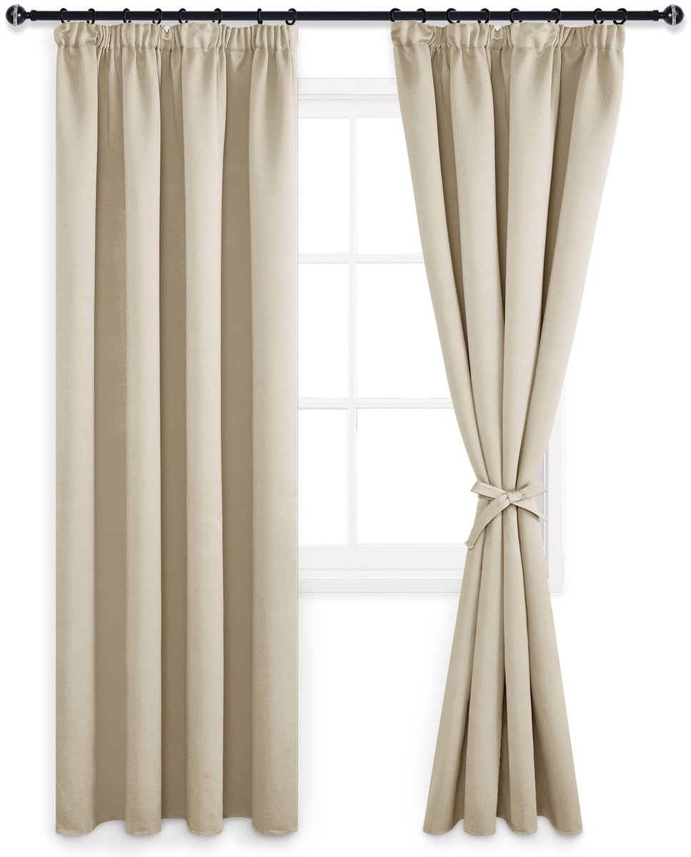 Kant en Klaar Plooiband met Riemen, 140x260 cm (B x H), Thermische Gordijnen met Warmtewerend Stof Gordijnen voor Woonkamer, Slaapkamer, Crème Beige, 2 stuks