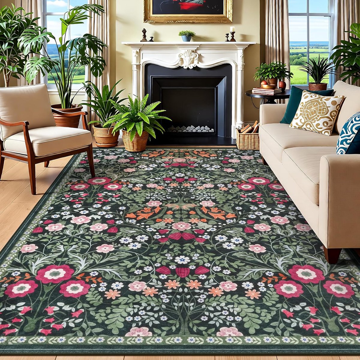 vloerkleed voor de woonkamer, 200 x 290 cm, machinewasbaar, boho-stijl, vintage, laagpolig, bloemenpatroon, zacht, antislip, voor woonkamer, slaapkamer, eetkamer, groen