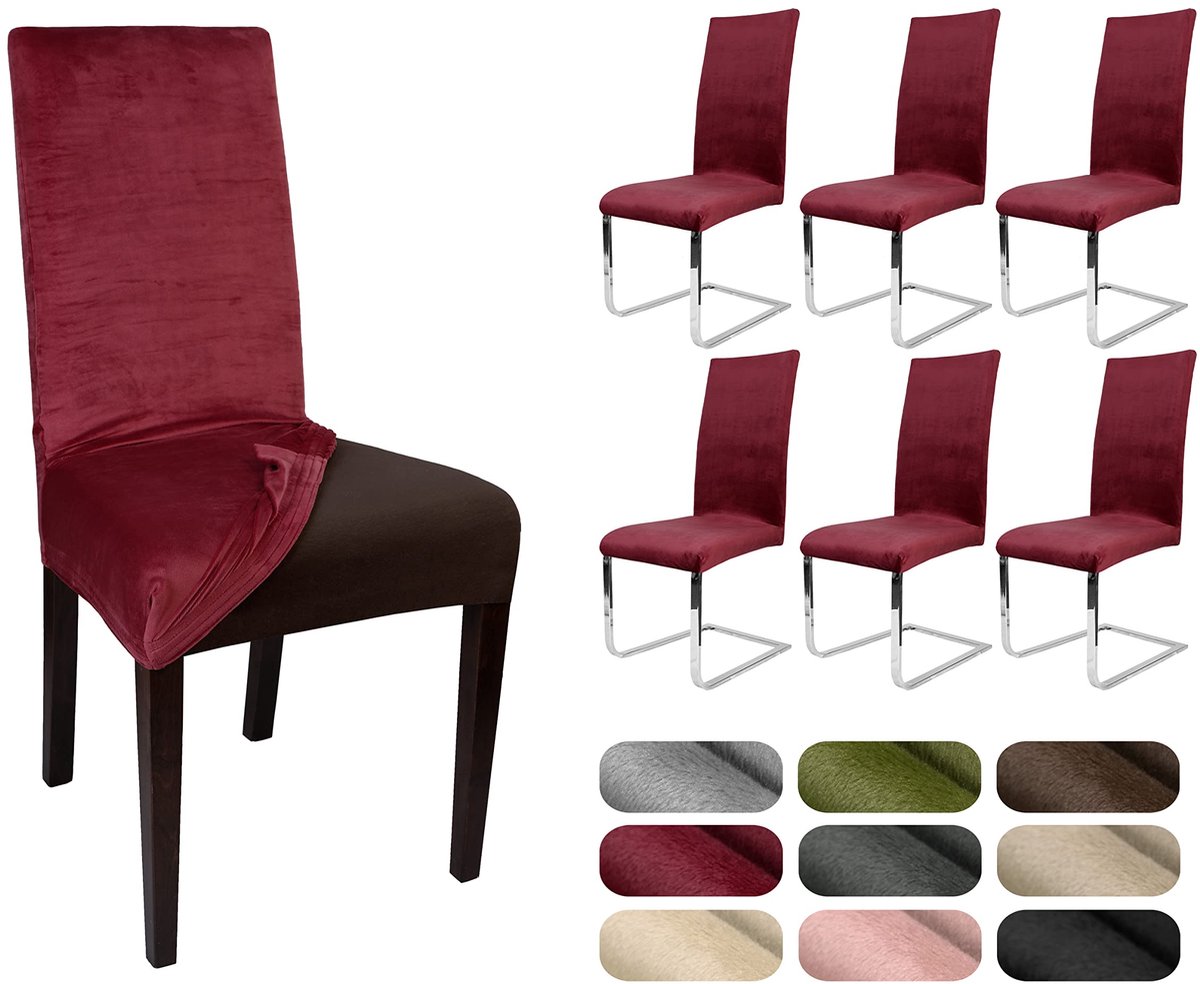 LEA, set van 6 stoelhoezen, elastische effen stretchhoezen van fluweel, microvezel, kleur naar keuze (granaat)