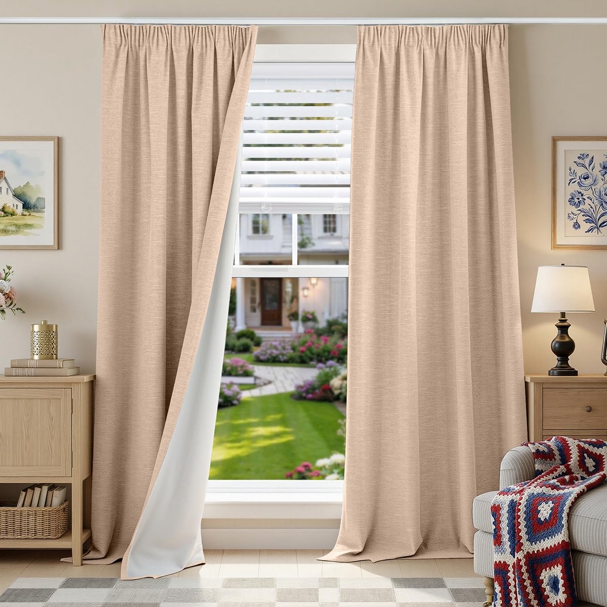 Gordijn met Plooiband, Thermisch Isolerend Tegen Kou, Set van 2, 140x245(BxH) Linnen Gordijnen voor Slaapkamer, Woonkamer, Huis, Tegen Warmte en Geluid, Roze Pêche