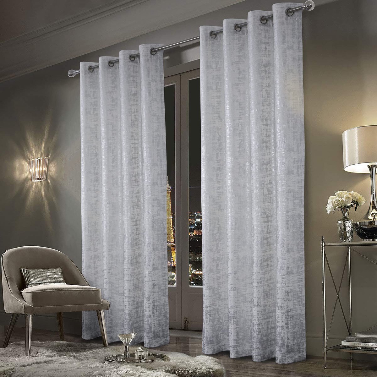 Gordijnen met patroon, zilver, ondoorzichtig, 100%, fluwelen gordijn woonkamer, gordijn, verduistering, kort, met ringen, stof, glanzend, elegant, wit, set van 2, 260 x 140 cm