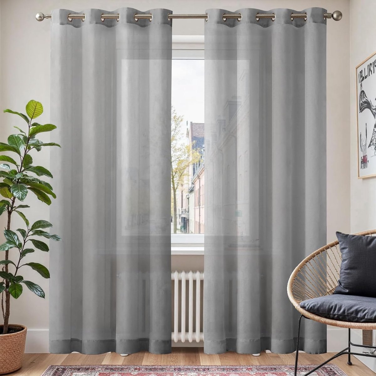 Voile gordijn met ingestanste ringen, transparante gordijnen met inslagringen, gaasdoek voor woonkamer, slaapkamer, 245 x 140 cm (h x b), donkergrijs
