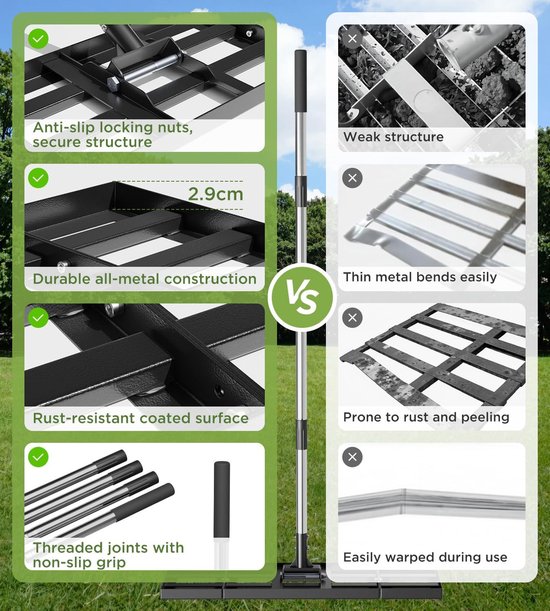 75 x 25 cm, met verstelbare lengte, nivelleringshark met 190 cm roestvrijstalen steel, robuuste en energiebesparende gazonrakel voor tuin, binnenplaats, golfbaan, moeiteloos egaliseren van — afbeelding 4