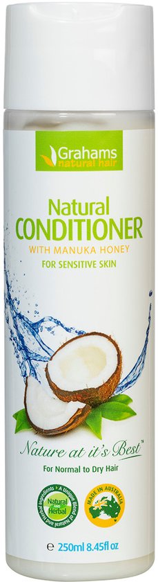 Grahams natural hair Natural Conditioner fles met afbeelding van kokosnoten en water spetters.