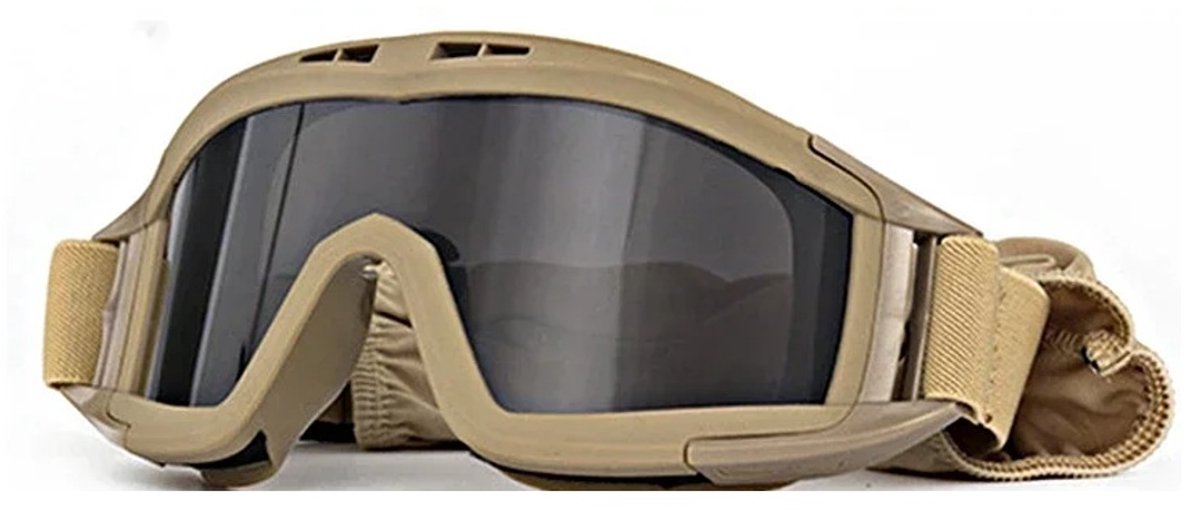 Nieuwe Airsoft tactische bril 3-lens winddicht stofdicht schieten motorcross motorfiets bergbeklimmen bril CS veilige bescherming (Grijze lens Khaki)