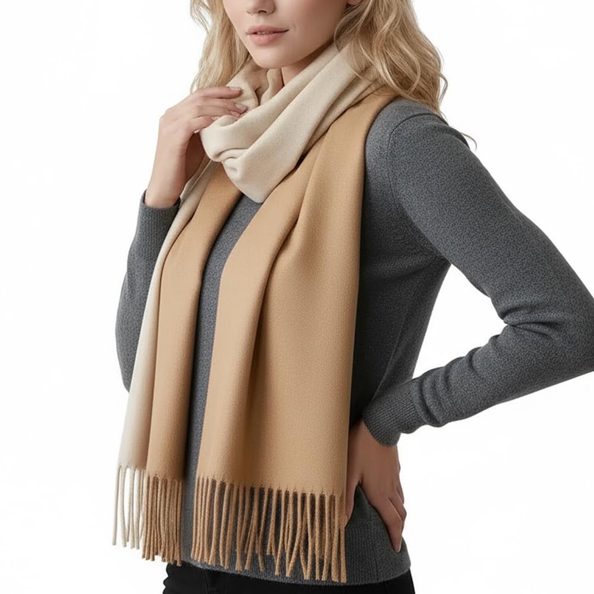 Wollen sjaal voor dames, 200 x 70 cm, kasjmier-gevoel, zacht en warm, wintersjaal, oversized, omkeerbaar, met franjes, geschenkdoos