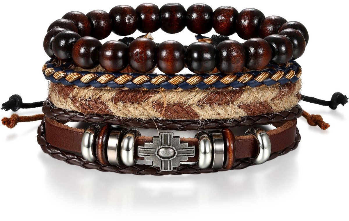 JewelryWe Sieraden, handgemaakte armband, meerdere rijen, manchet, retro, hout, kralen, gevlochten, leer, legering, fantasie, voor dames en heren