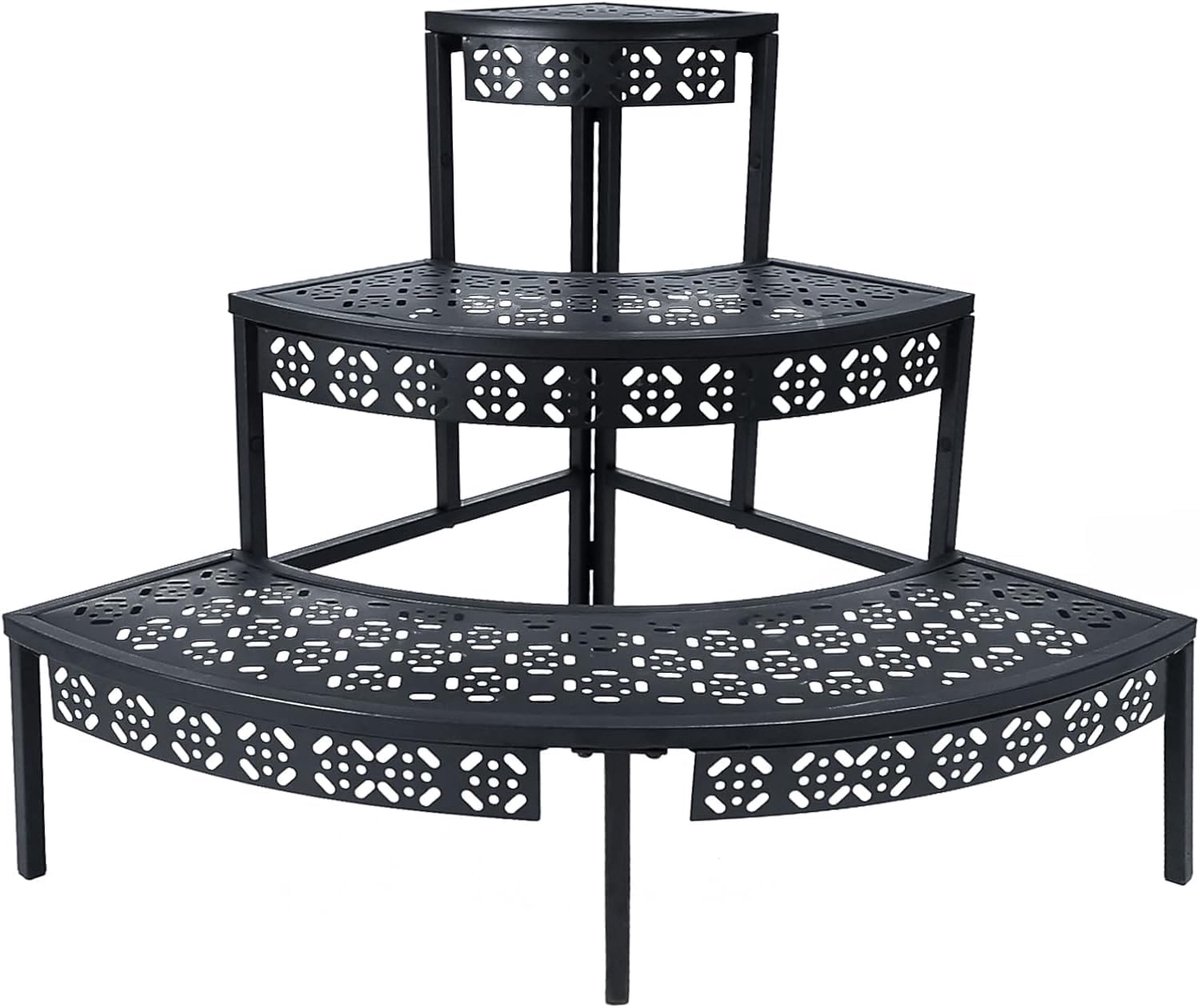 bloementrap, 3 niveaus, plantenrek, bloemenrek, plantenstandaard voor tuin, balkon, binnen en buiten, multifunctioneel bloemenrek met grote capaciteit, rond, zwart