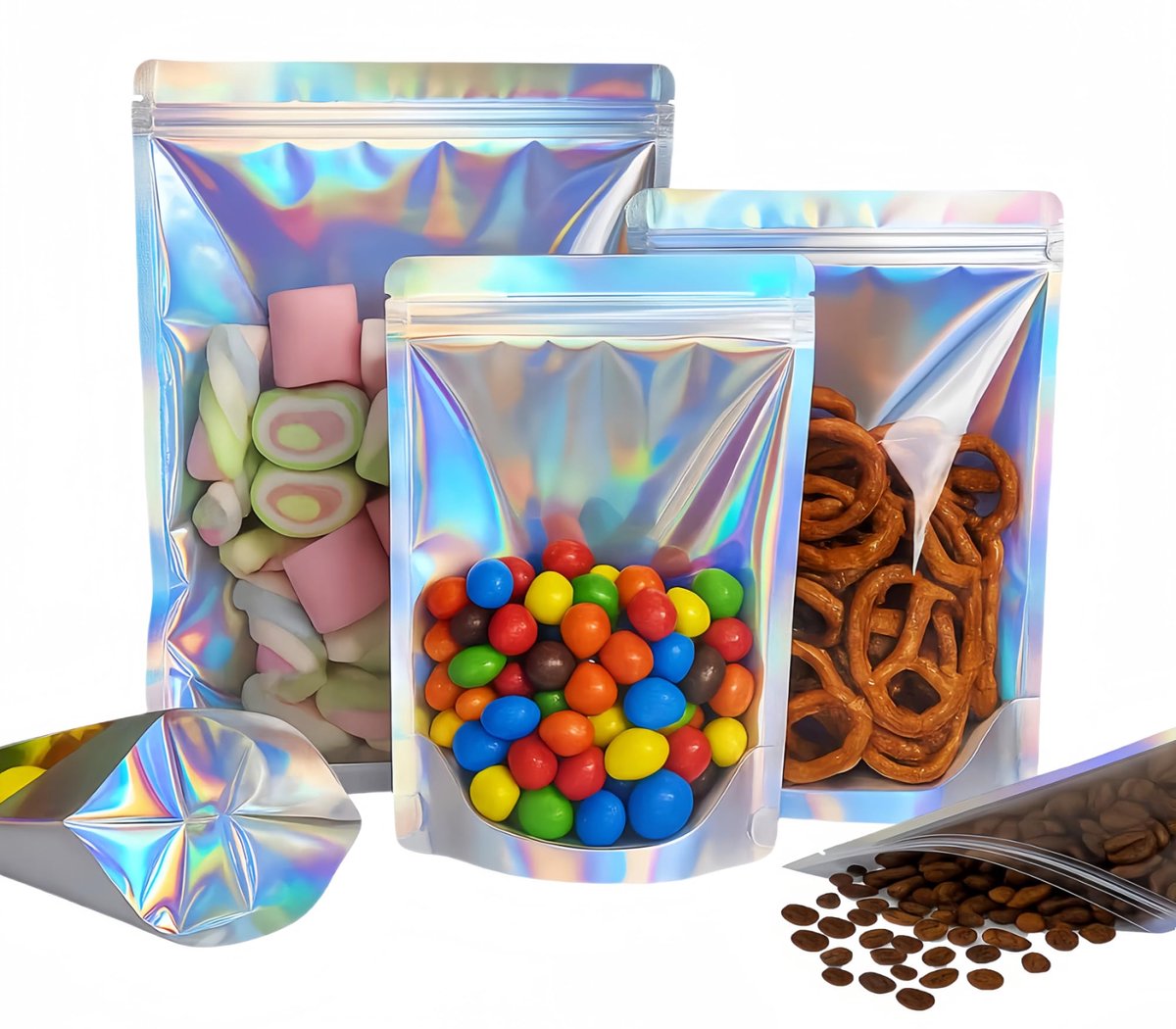 100 Stuks Staande Hersluitbare Holografische Zakjes, Aluminium Mylar Doypack Zakjes, Luchtdichte Stazakken Herbruikbare Plastic Ziplock Zakjes Voor Voedselverpakking en Opslag (12 x 20 cm)