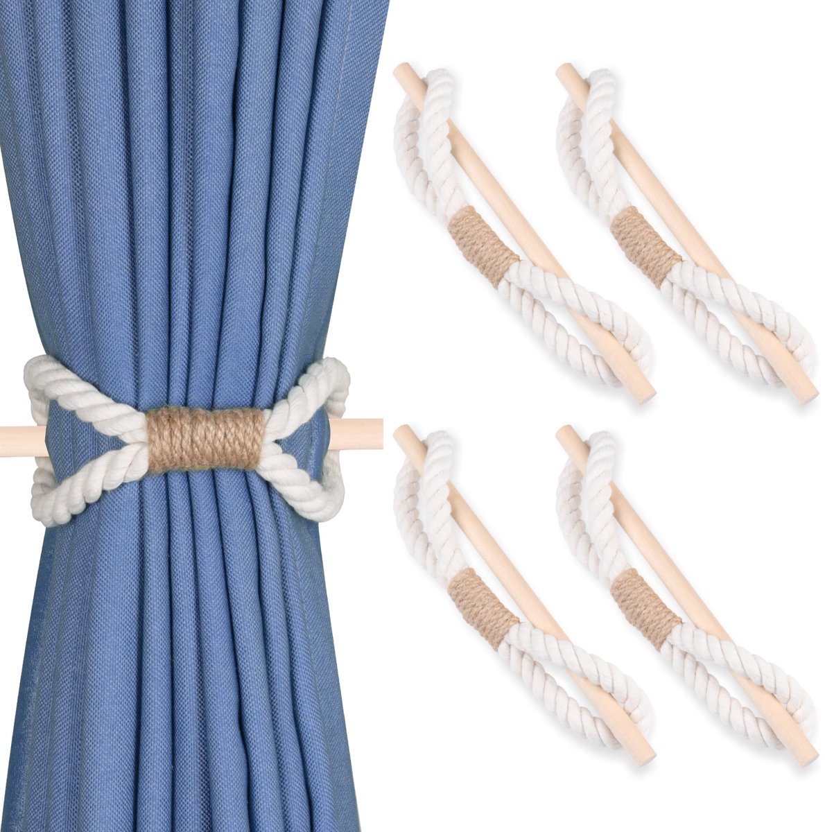 Gordijnhouders - handgemaakt met houten club-katoenen touw voor gordijnen (beige katoenen touw)