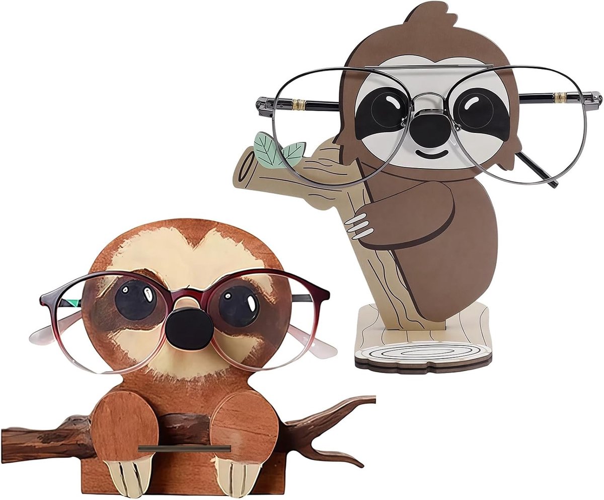 Grappige houten brillenhouder met luiaard en aap – decoratieve presentatiestandaard voor zonnebrillen, uniek accessoire voor thuis en op kantoor, perfect als cadeau voor dierenliefhebbers