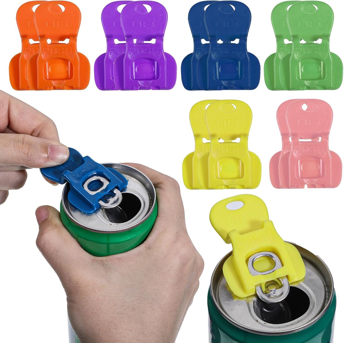 12 stuks Easy Tab Opener & Drink Protector, 6 kleuren, eenvoudige plastic flesopener met volledige afdekking, Easy Tab Opener, drinkbeschermer voor blikjes, afsluitkap voor frisdrank, bier