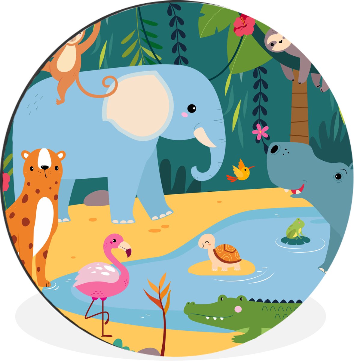 WallCircle Wandcirkel - Muurcirkel - Jungle - Olifant - Dieren - Aluminium - Dibond - 90x90 cm - Binnen en Buiten Multicolor