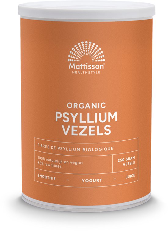 Oranje blik Mattisson biologische psyllium vezels, 250 gram.