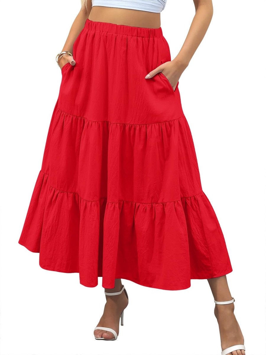 Dailygoods - Lange Rok voor Dames - Hoge Taille Maxirok met Zakken, Rood, S-XXL