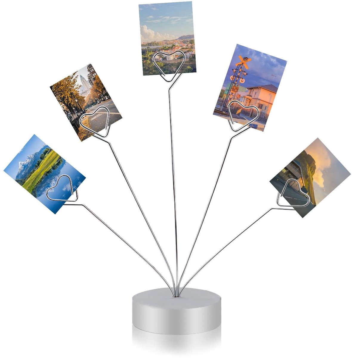 Dailygoods - Zilveren hartvormige fotoboomhouder clip, 5 takken fotolijst clips standaard, desktop fotoboom displaystandaard ronde basis voor notitiepapier wenskaart bruiloft kantoor