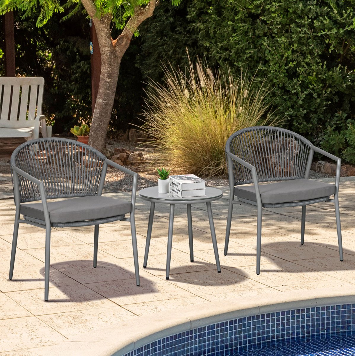 MIVRAY Bistroset 2 Zitplaatsen - Tuinset Met Ronde Bijzettafel En Zitkussens - Voor Balkon, Tuin En Terras - Rattanlook Lichtgrijs