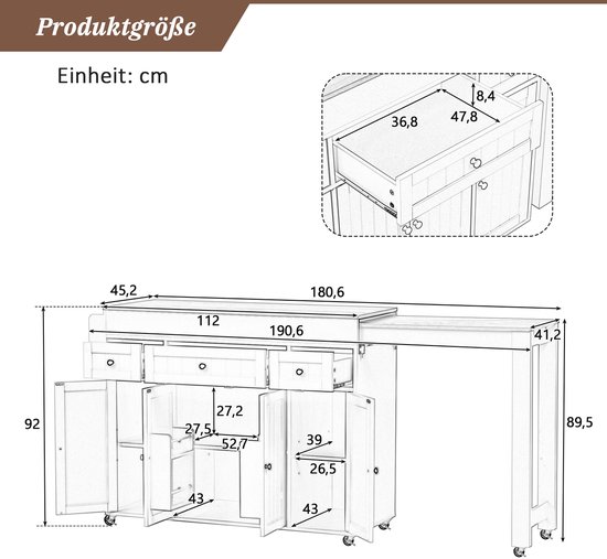 FloraGrace Keukeneiland Op Wielen - Uitschuifbaar Werkblad En 3 Lades - Voor Keuken En Eethoek - MDF - Wit Naturel - 137-190,6x45,2x92 cm — afbeelding 2