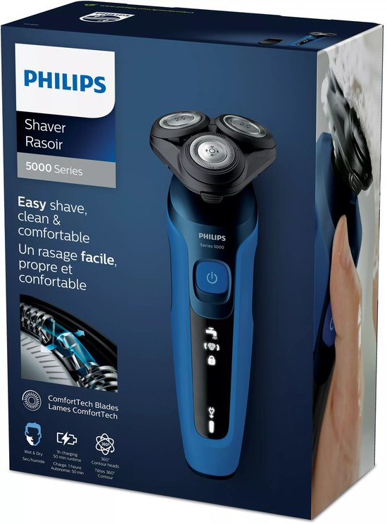 Boîte avec un rasoir Philips Series 5000 bleu et une tête de rasage.