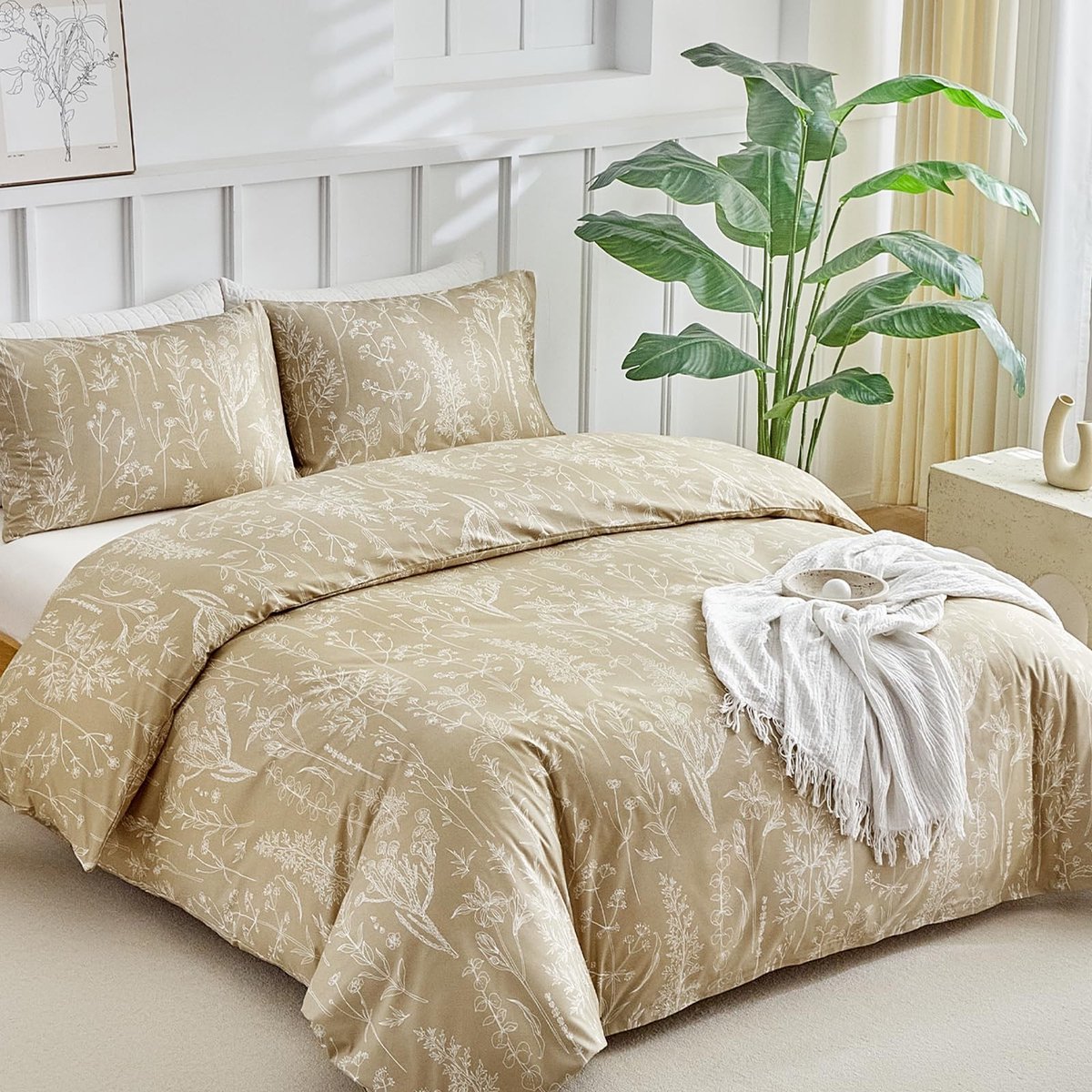 Dailygoods - Tokokimo Dekbedovertrek, 240 x 220 cm, voor bed van 135/150 cm, salieprint, microvezel, 3-delig, 1 dekbedovertrek van 240 x 220 cm en 2 kussenslopen van 50 x 75 cm, kaki