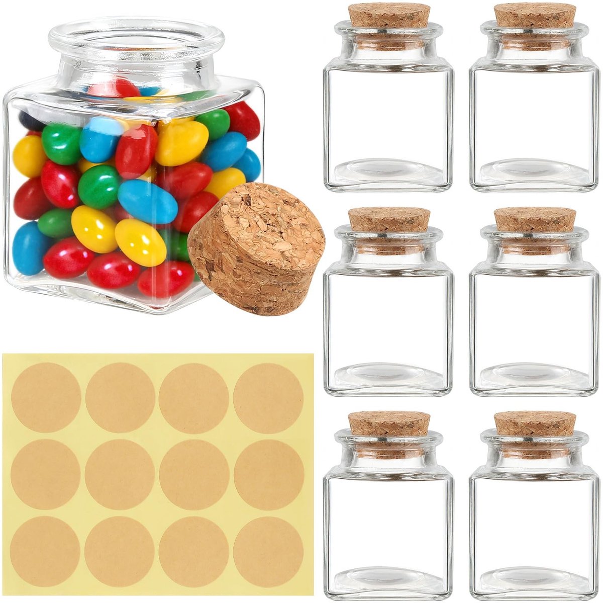 Dailygoods- Glazen Flessen 6 Stuks - Kleine Flesjes 50ML - Mini Flesjes met Kurk - Vierkante Glazen Flesjes - Loodvrij en Hittebestendig - Voor Opslag en Geschenken