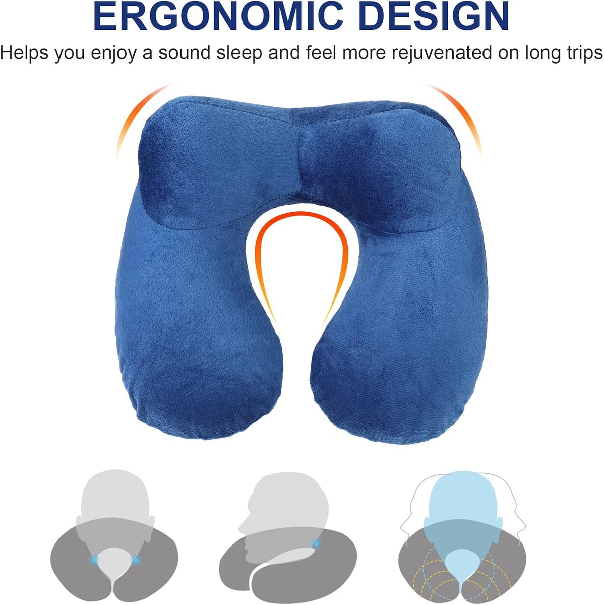 Opblaasbaar nekkussen, ergonomisch compact snel nekkussen, opblaasbaar met wasbare kussensloop, voor reizen met de auto, vliegtuig, trein, kantoor, familie, kleur donkerblauw