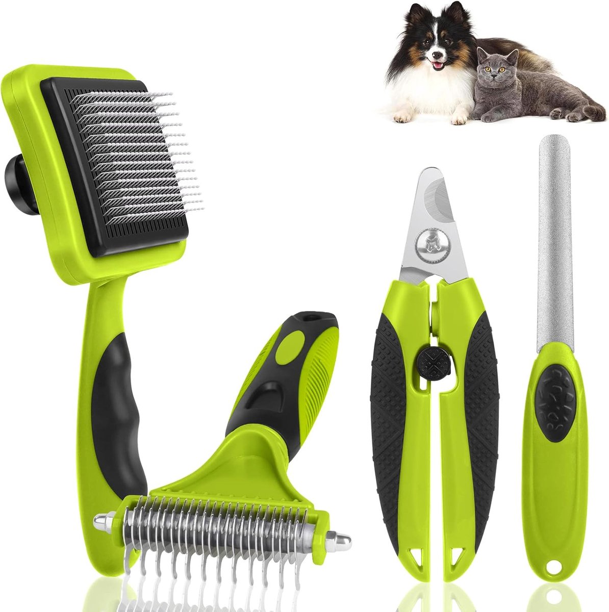 Reinigingsset voor Huisdieren, 4 stucks Veiligheid Roestvrij Staal Huisdierborstels bevat Hondenborstel Kattenborstel Hond & Kat Nagelknippers en Trimmers, Verwijderen Van Ondervacht (Groene)
