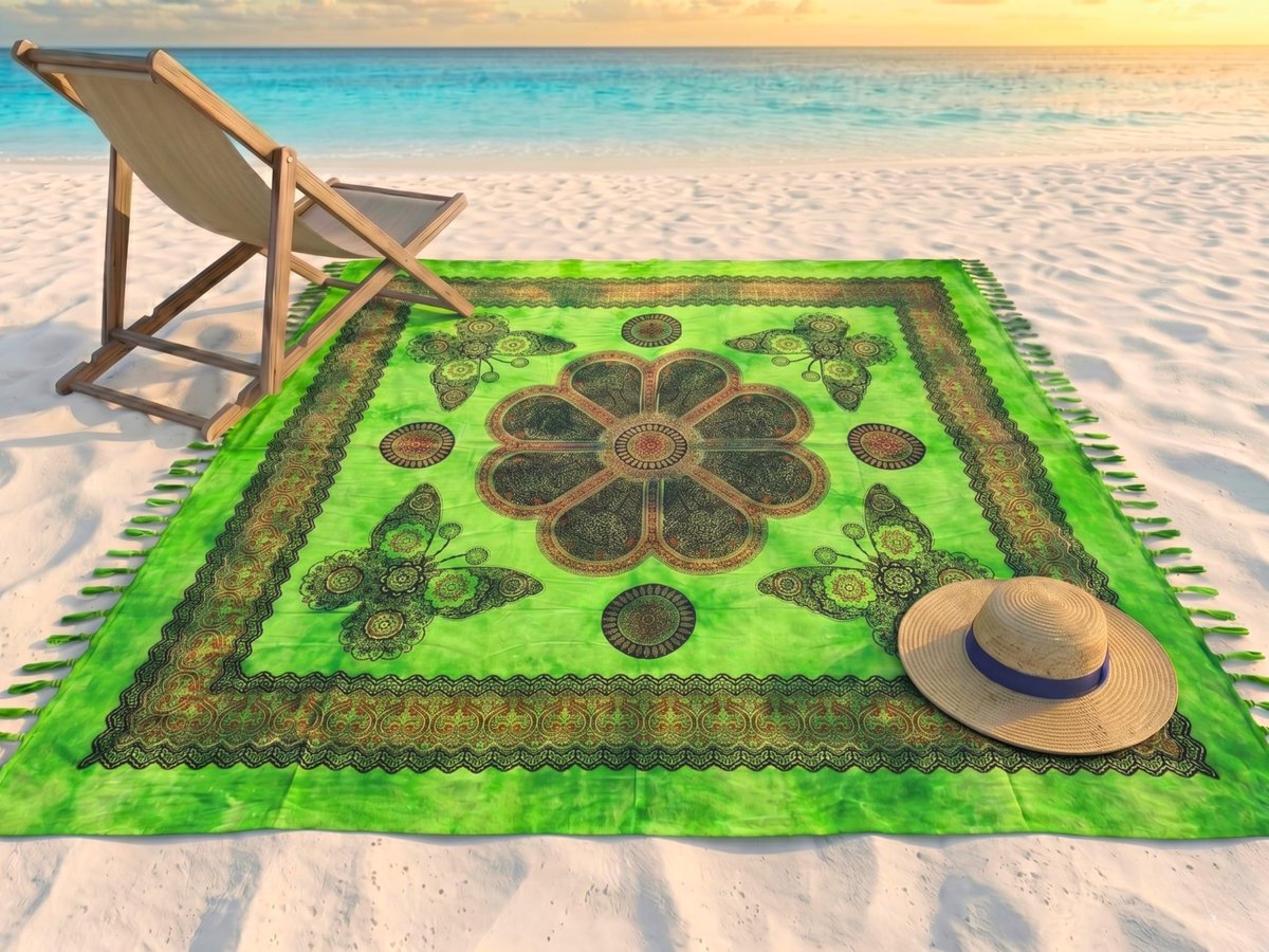 o-day Grote strandhanddoek van katoen, 200 x 240 cm, met etnische patronen, grote strandhanddoek voor tweepersoonsbed, meerkleurig (bloem - groen)