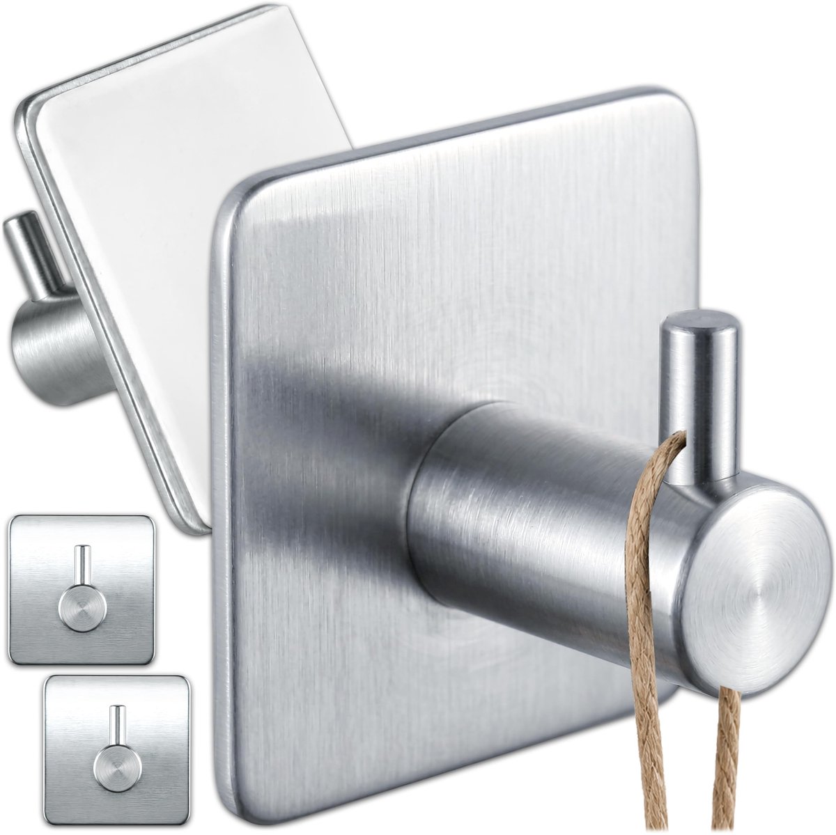 Zelfklevende haken zonder boren, set van 4 stuks, waterdichte zelfklevende haken voor badkamer, zilveren handdoekhouder, duurzame haken voor badkamer, wandhaken voor handdoeken, keuken en hal